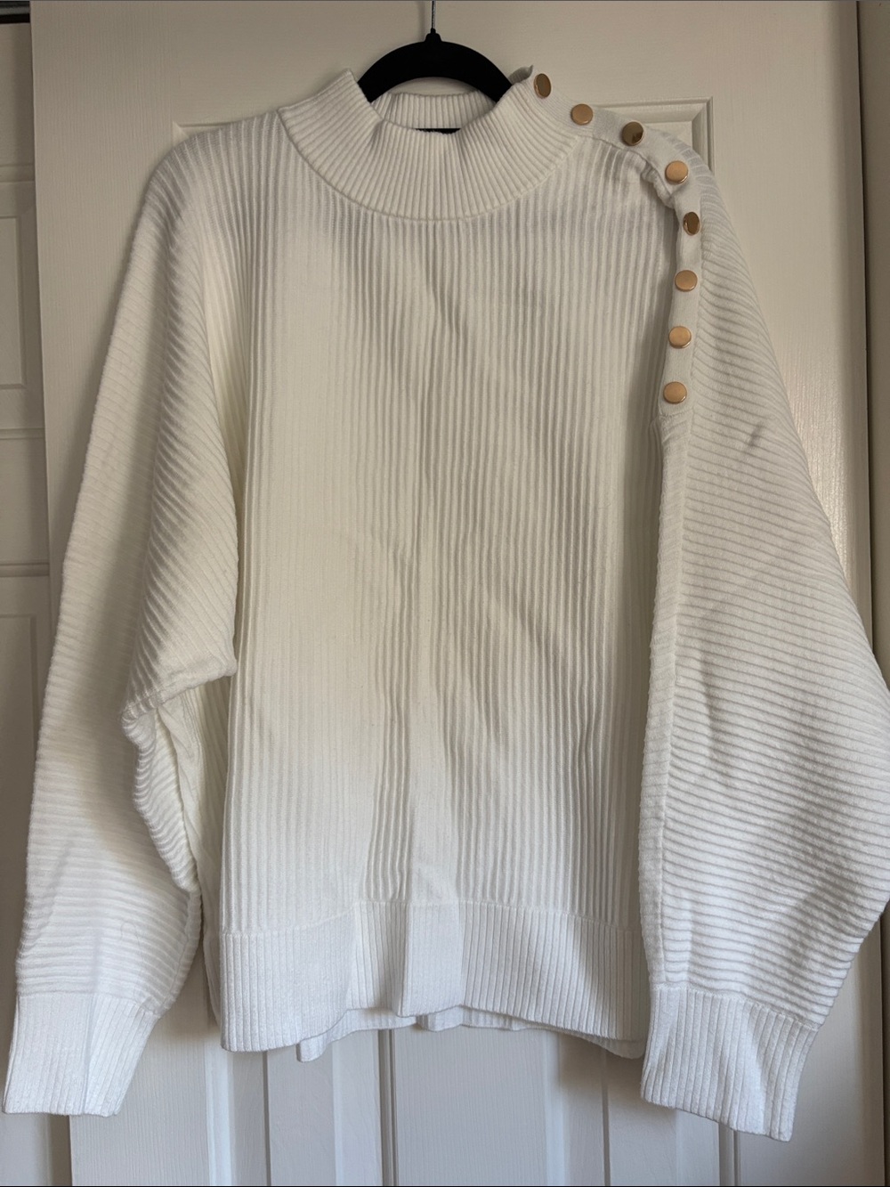 Tahari Cream Ribbed Turtleneck Sweater with Gold Button Detail
